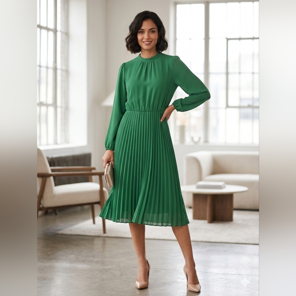 Allegra K Vibrant Green Pleated Long-Sleeve Midi Dress